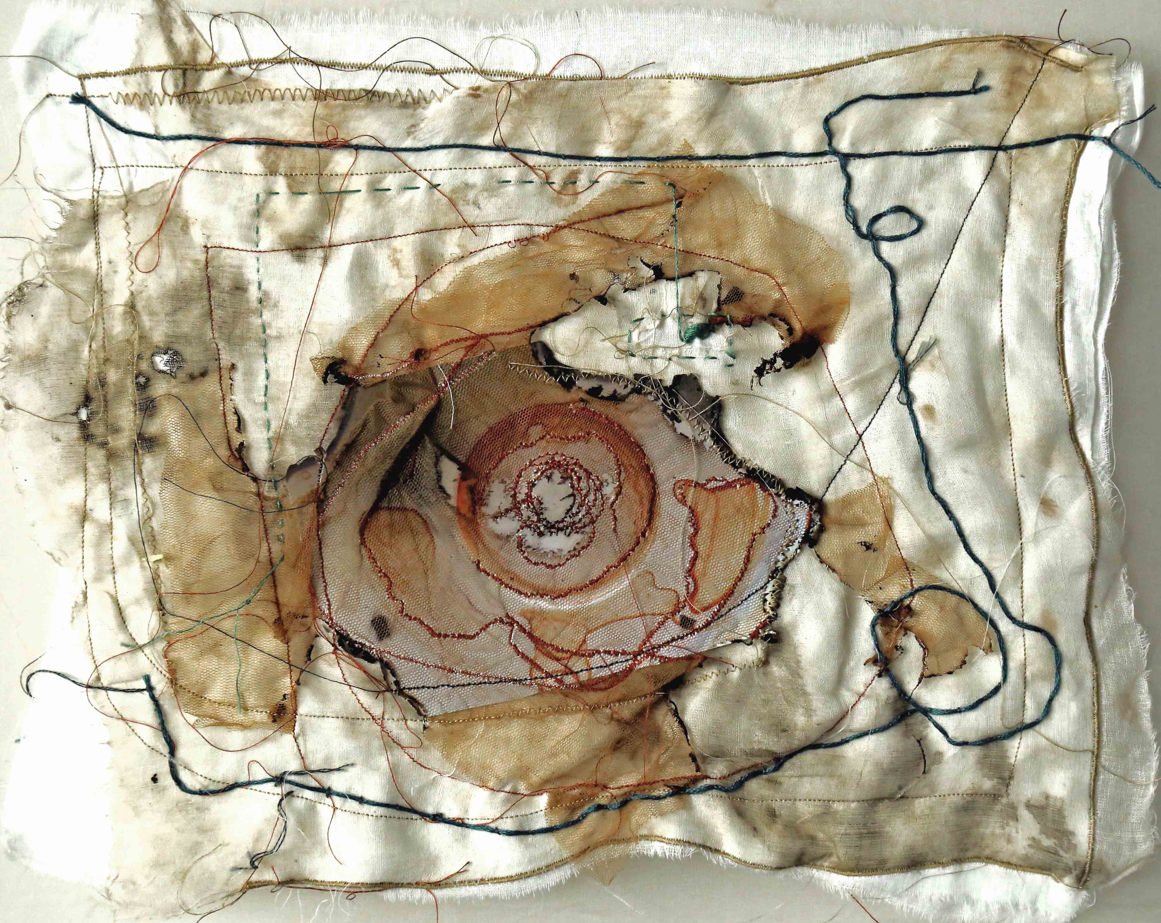 Ember Remains, 2015, [10 x 12 inches – unframed, set of three], Materials: photographic paper, cotton fabrics, cotton floss, cotton-polyester thread, Technique: burning, layering, hand-sewing, machine embroidery, staining with tea-leaves