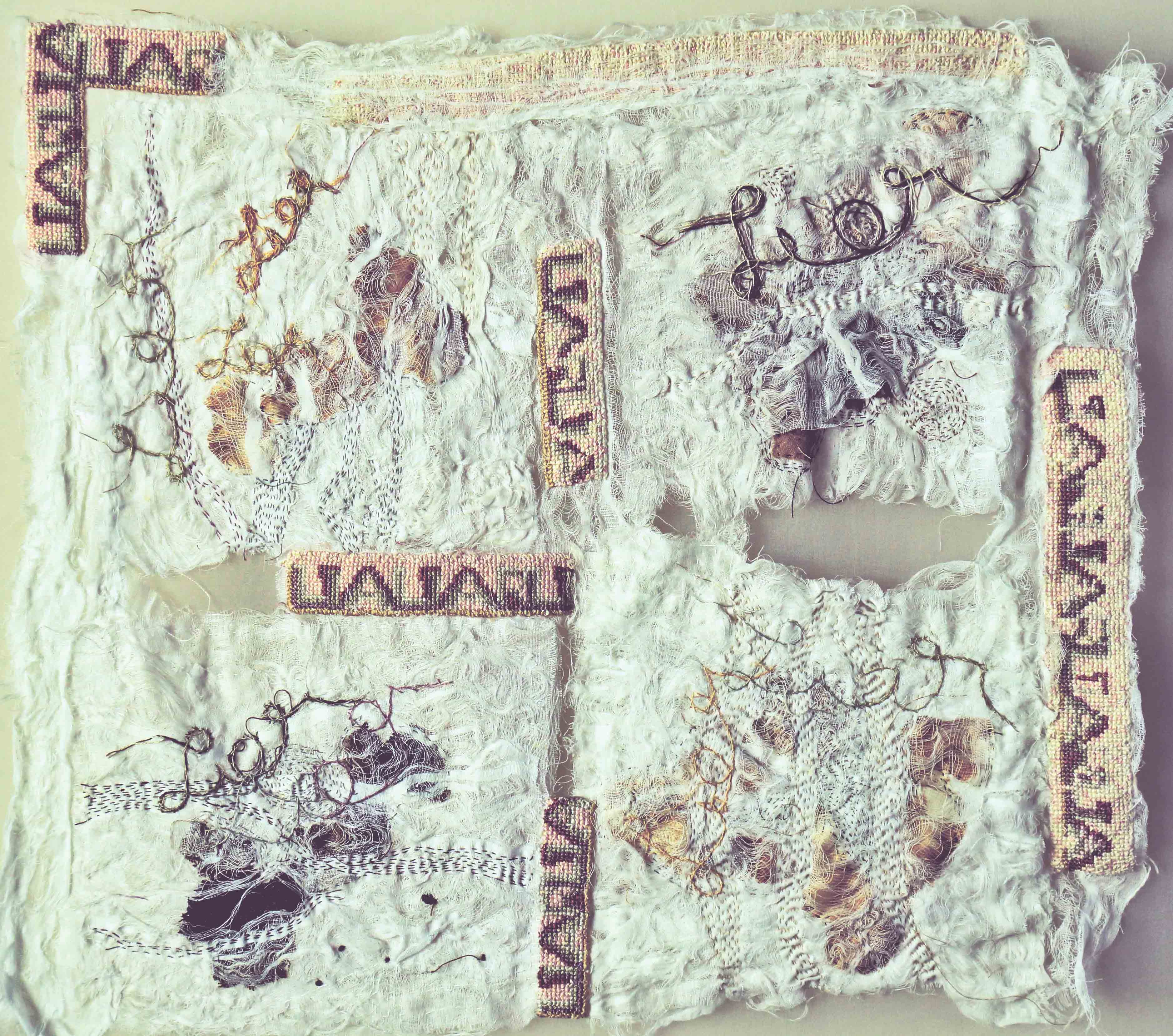 Word-Stains I, Lair, 2014, [16 x 18 inches - unframed], Materials: cotton fabrics, cotton floss, cotton-polyester thread, Technique: layering, tearing, pulling, stitching, staining with tea-leaves, embroidery