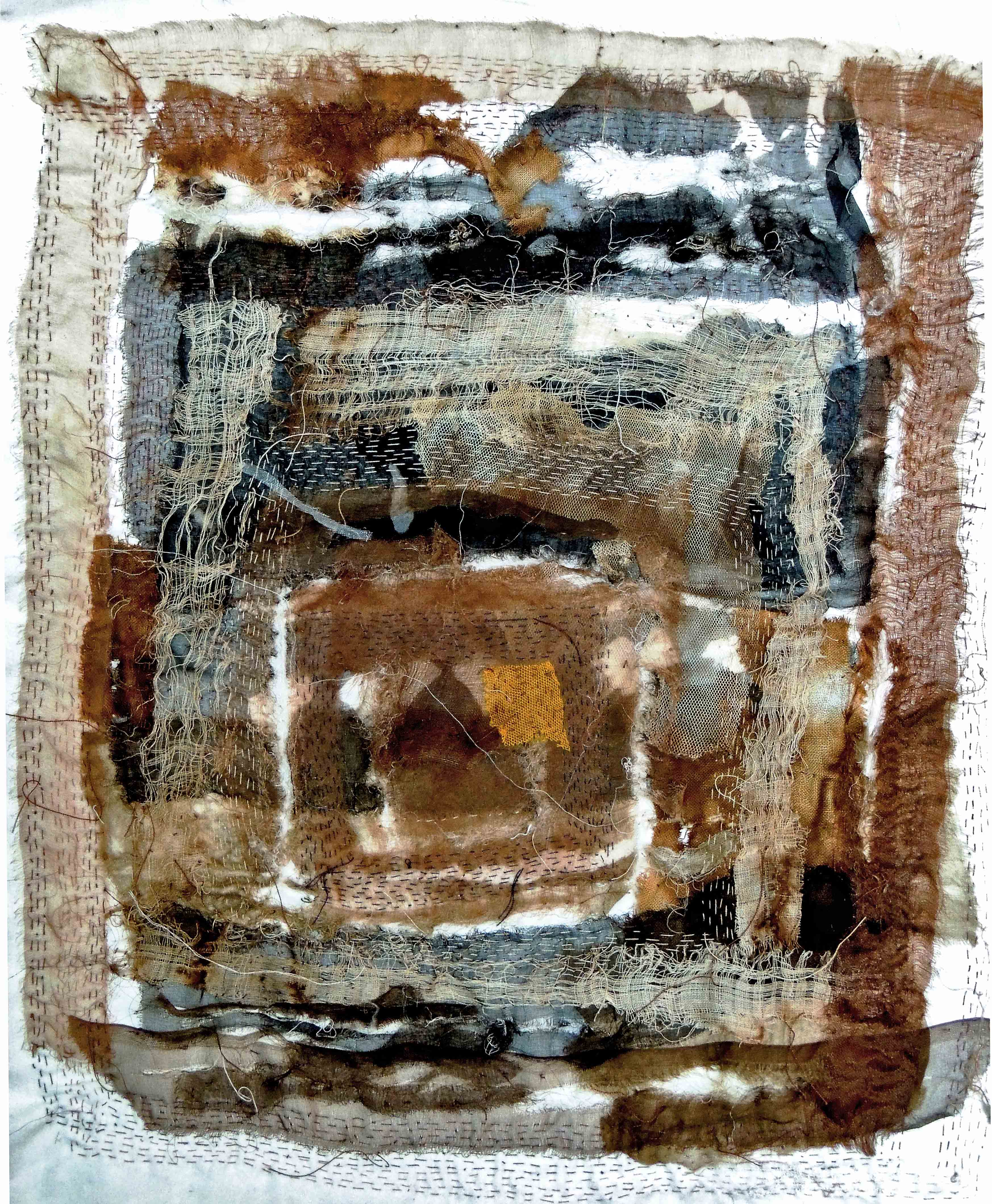Mapping Mindstains, 2013 [15.5 x 17.75 inches - unframed] Material: cotton fabrics, nylon net, silk, cotton floss, cotton-polyester thread Technique: layering, tearing, pulling, stitching, staining with tea-leaves.