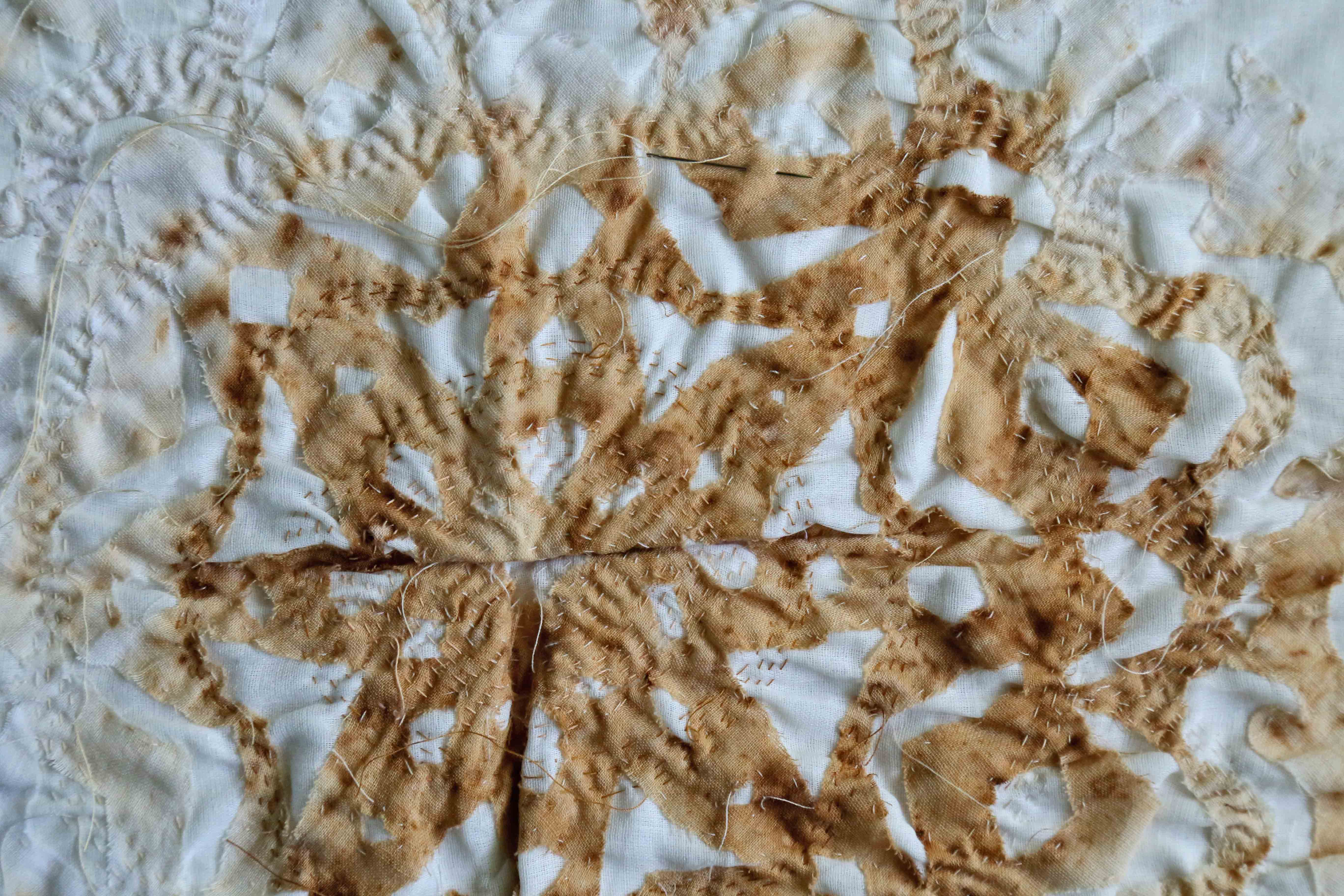 Patterns of Transformation 2015, [boxed], Materials: cotton fabrics, cotton-polyester thread Technique: hand and machine embroidery, cutting, layering, staining with tea-leaves, burning