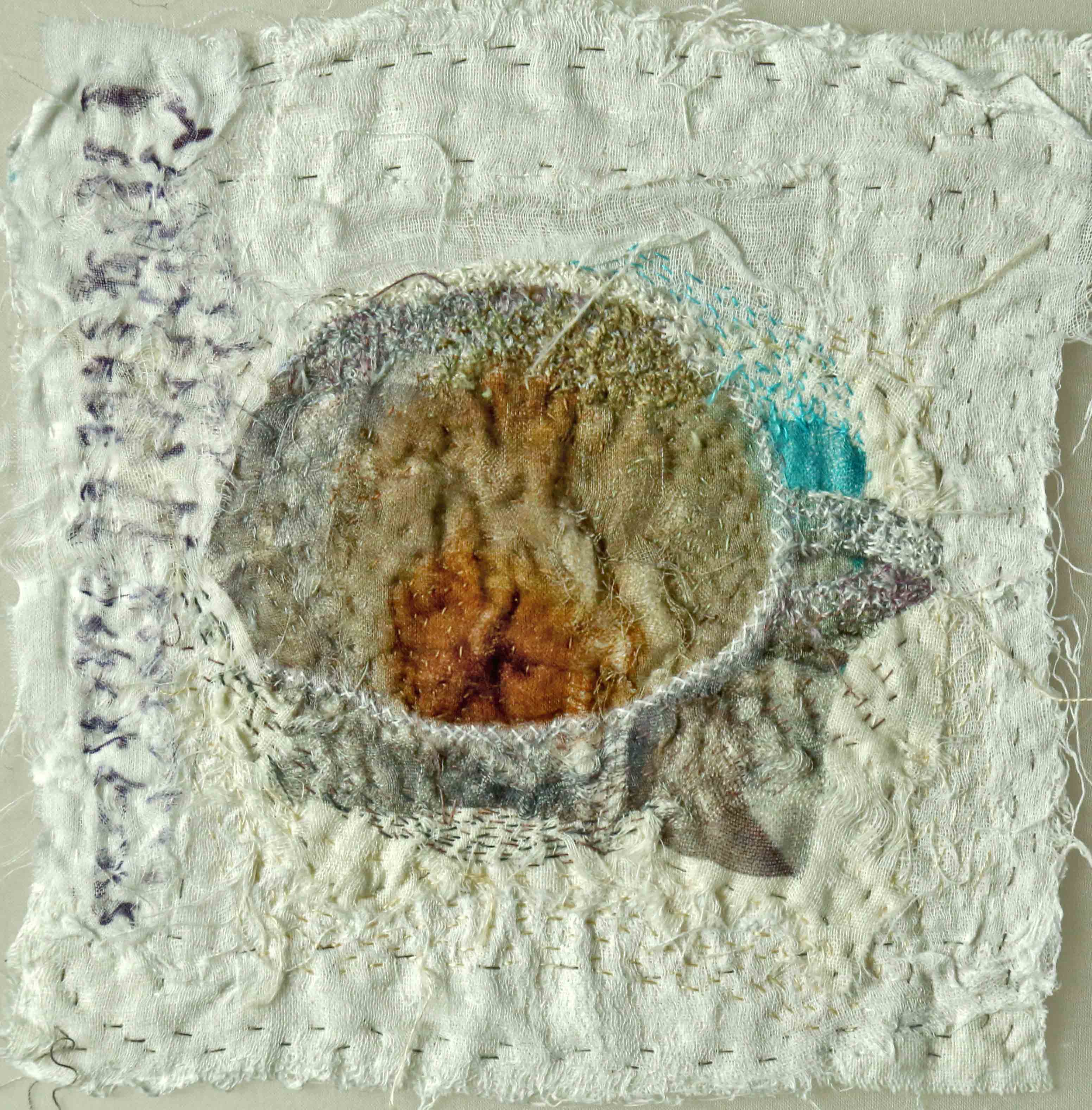 Dregs in Your Tea-cup II, 2010 [7 X 6 Inches - unframed] Materials: cotton voile, cotton floss, cotton-polyester thread, Technique: photography, digital printing, tearing, layering, stitching, embroidery