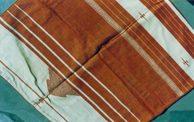 Traditional saree pallav design & fabric converted into a cushion cover (cotton) Natural dye; Aal root (madder).